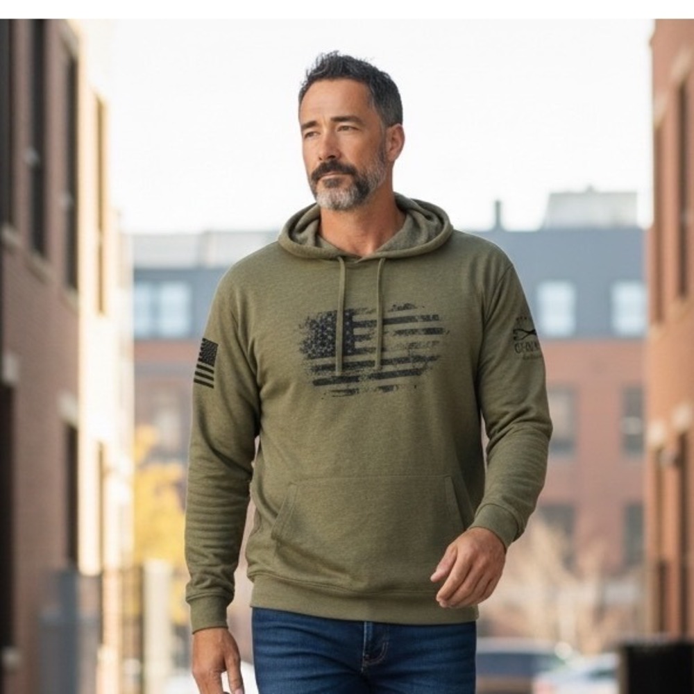Grunt Style Mens 3XL‎ Olive Green Distressed American Flag Pullover Hoodie 1776